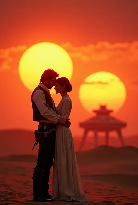 Realistic. Kodak Gold 400, Sunset of the Two Suns on Tatooine, watched by Han Solo and Princess Leia Organa embracing. Han Solos ship, the Millennium Falcon, is in the distance.