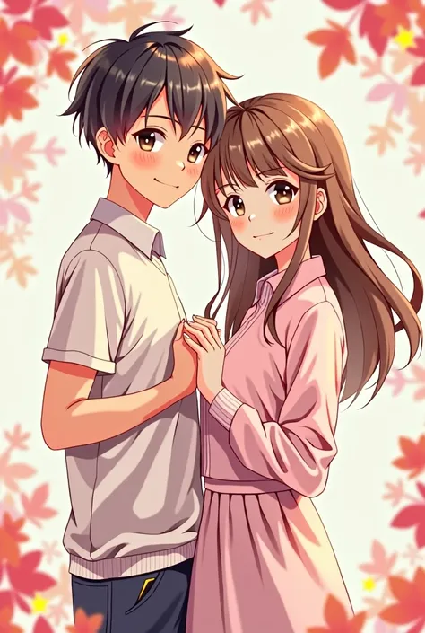 Make an anime version of a couple&#39;s photo where they are wearing matching clothes, the boy being a little taller than her. 