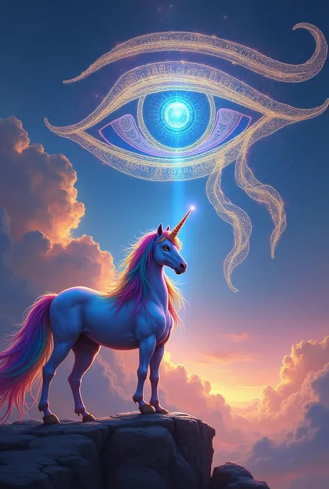 Rainbow Unicorn and the Large Eye of Orus Symbol