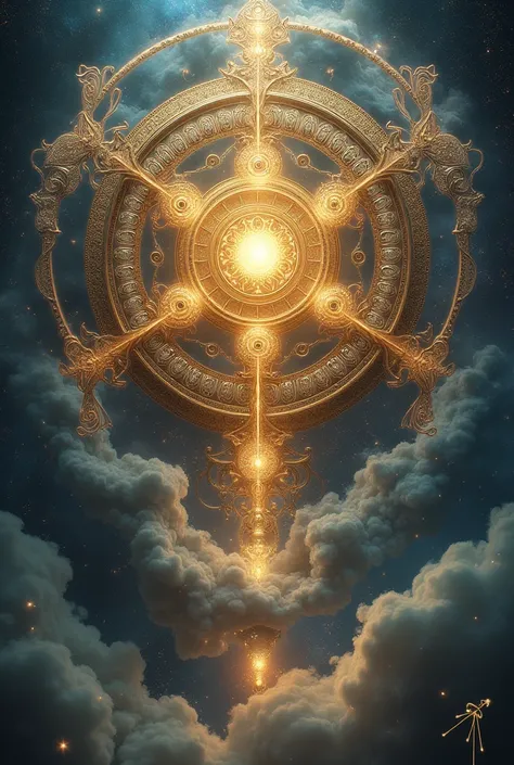 Create an extremely realistic cinema image Create a highly detailed and complex depiction of an Ofanim angel based on traditional descriptions. The Ofanim should be represented as a celestial being composed of multiple interconnected wheels, each wheel ado...