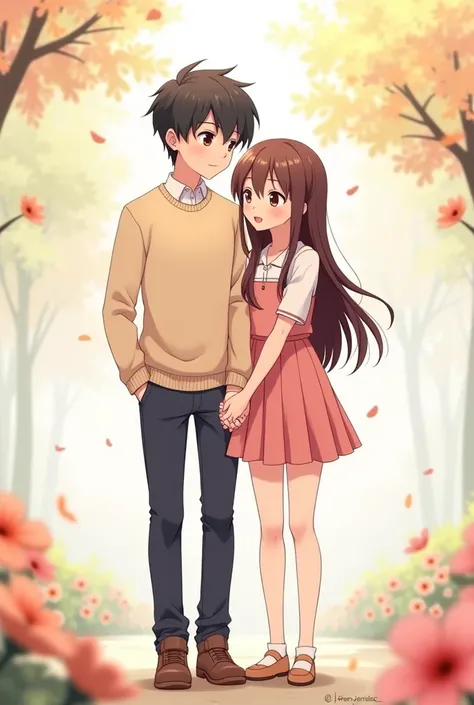 Make an anime version of a couple&#39;s photo where they are wearing matching clothes, the boy being a little taller than her. 