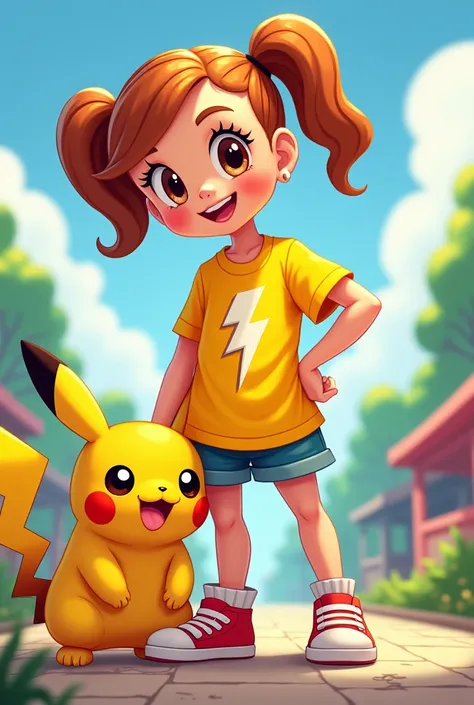 Chica cartoon, con camisa con ⚡ y Pikachu 