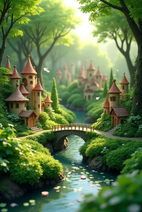 a tiny city under clover forest, many small houses cover by the greens, ray of sunlight, small stone road, small river with flower petals flowing, small bridge 