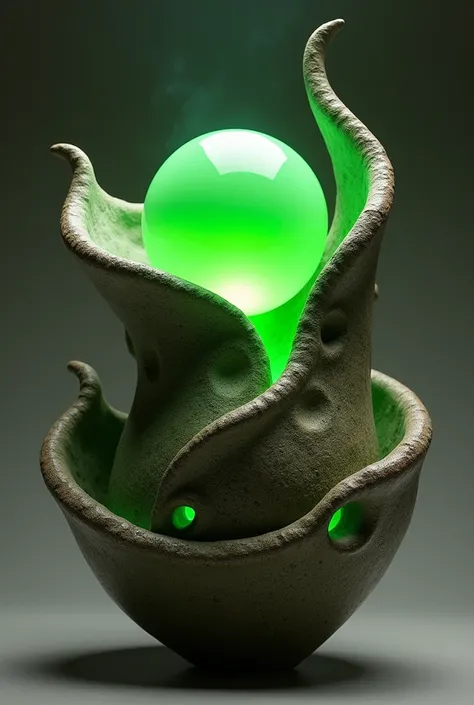 I need to create a pot that is not conventional, Inspired by indigenous rituals. that is to say, that does not look like a pot but can be used as one. In addition to this, I need there to be a sphere or other shape inside or at the top that glows green.. A...