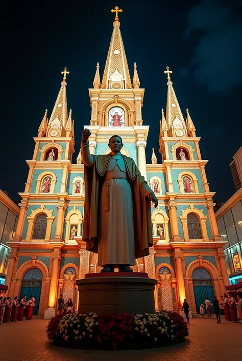 Allegorical float with a decorative church and Miguel Hidalgo 