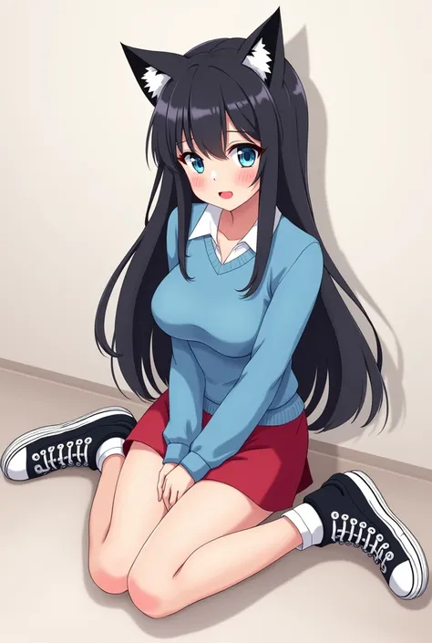 big breasts, cat ears, blush, smile, ashamed, Red lips, Moaning, pale, shy, blue eyes, simple background, high quality, very long hair, short hair, black hair, left side bangs, cheered up, animated style, little red skirt, blue sweater, black converse shoe...