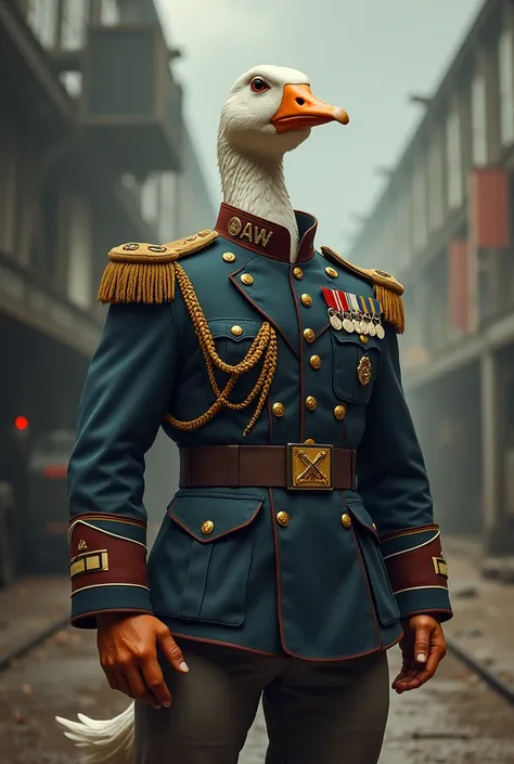 Muscular male goose in military tank uniform 