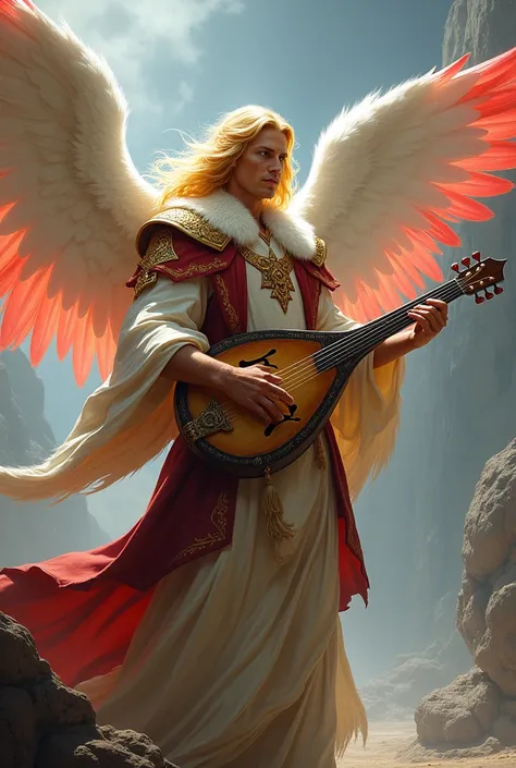 Aasimar character Bard man from dungeons and dragons blond hair white wings with red
 