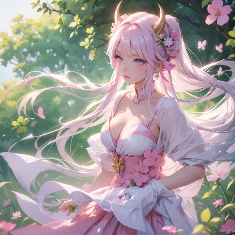 Woman with light green hair, weak bright, lilac four-leaf clover in her hair. Skin colored horns. Genshim Impact style pink and white Japanese outfit. longye hair, medium breasts. nature background,  sheen, Masterpiece artwork, best qualityer, detail, ultr...