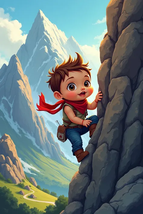 Illustration of a baby wearing a bandana . The baby is a rock climbing. The background is a mountain,vector art, illustration,trend on behance illustration ,graffiti on it, graffiti art,