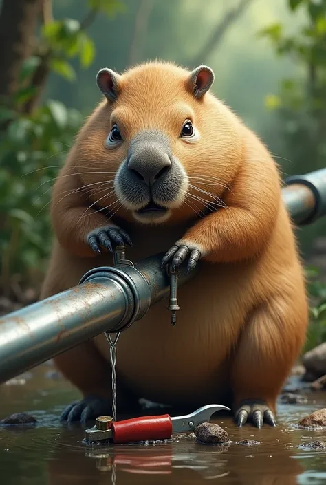 Capybara fixing thin water pipe with tools