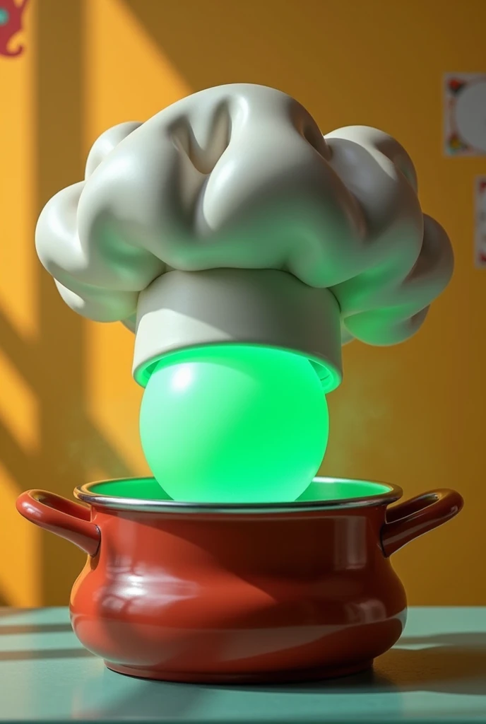 I need you to turn a chef&#39;s hat into a pot. that is to say, that does not look like a pot but can be used as one. In addition to this, I need there to be a sphere or other shape inside or at the top that glows green.. Also, make it look interactive and...