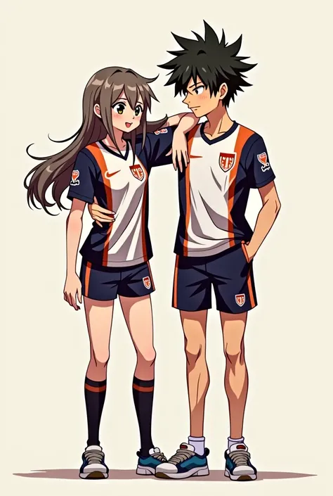 Take an anime-style couple photo where they are wearing matching team clothes, the boy being a little taller than her. 