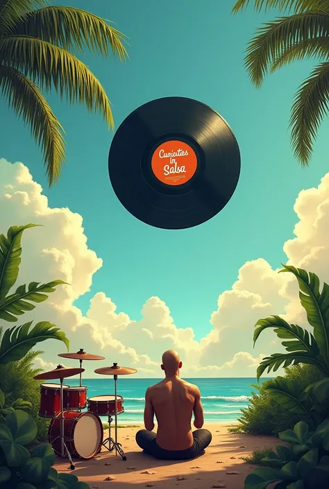 Create an image of a sunny tropical sky and in it comes an LP record that says in the center Curiosities in salsa in Spanish from Colombia and on the floor a bald man with a drum set looking at the record that is in the sky