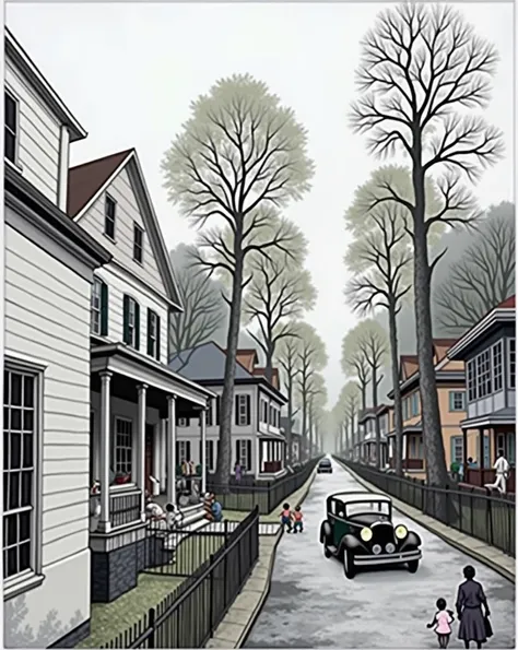 { "A split-screen illustration of Atlanta in the 1930s, highlighting the stark contrast between two neighborhoods. On the left side, depict a prosperous white neighborhood with well-maintained houses, clean streets, and manicured lawns. Include details lik...