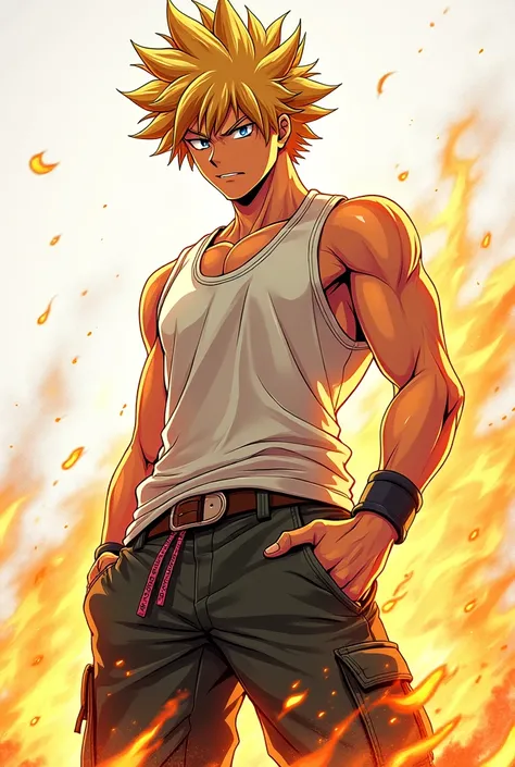 Bakugo just like in anime with a  shirt and pants
