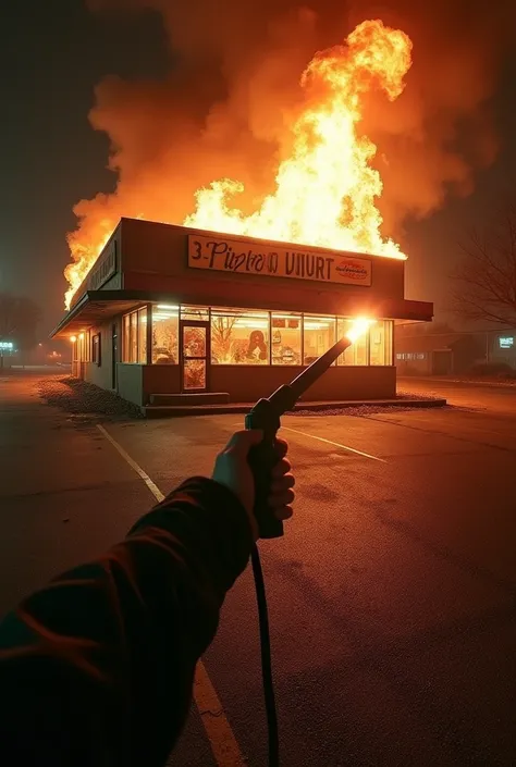 View from outside the parking lot of an abandoned pizza place on fire at night, first person perspective with an arm holding a blowtorch 