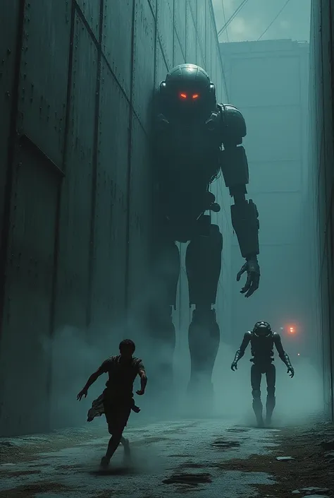 Man tries to escape from a large steel wall being chased by an automaton robot at night 