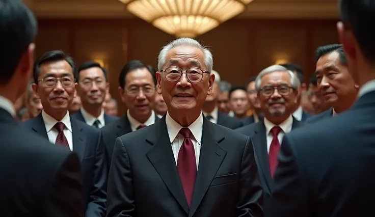 An elderly Sōichirō Honda at an awards ceremony in Japan, surrounded by executives and admirers. The image conveys respect and recognition, with a focus on his legacy and contributions to the industry