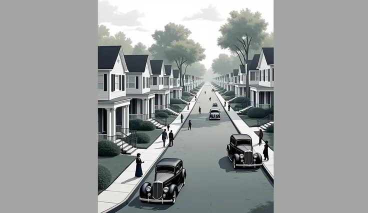 { "A split-screen illustration of Atlanta in the 1930s, highlighting the stark contrast between two neighborhoods. On the left side, depict a prosperous white neighborhood with well-maintained houses, clean streets, and manicured lawns. Include details lik...