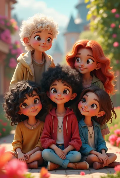 Do it like Disney style, five friends, one white with curly hair, one straight brown with slightly slanted eyes, very subtle, another with curly hair, black and lighter, one is kind of dark red and very white and the other has straight hair but is brown bu...