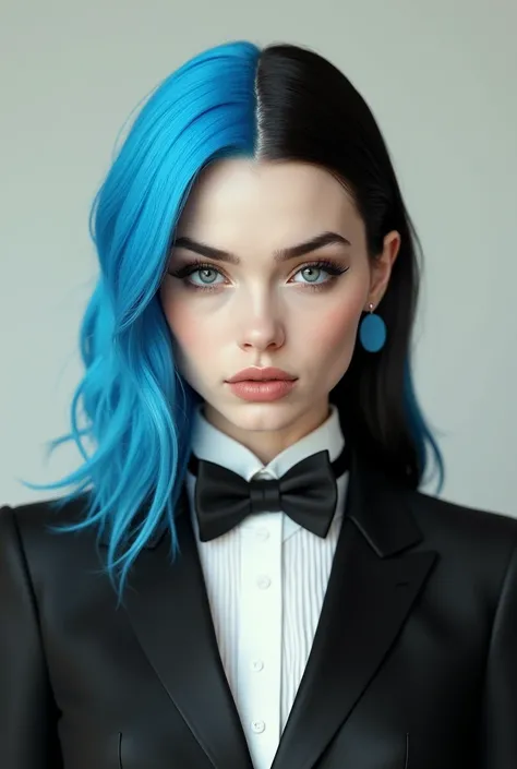 A white-skinned woman with her hair parted down the middle, One half is fiery blue while the other half has black hair and is dressed in a tuxedo.