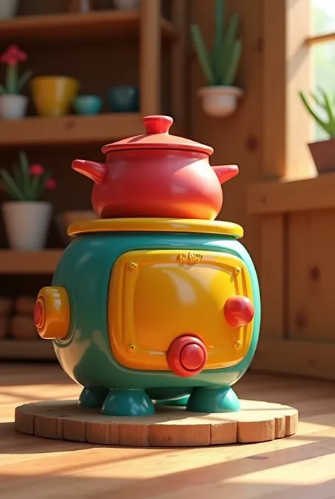 A wood stove and a pot on top with a toy-like appearance made of plastic material