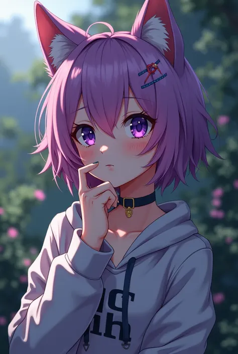 A girl with purple eyes and wolfcut pink and purple haired, soft grunge style and is anti social but kind is Japanese and has cute vibes with a average face and straight nose