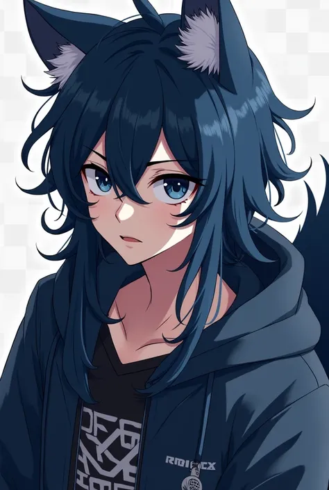 A boy of 18 or 20 years old with long dark blue hair and navy blue eyes., with a somewhat rebellious and masculine personality, With wolf ears and tail without human ears anime style... 