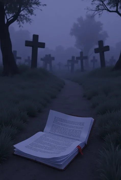 An open-air scene with letters and a book on the floor. The dark and melancholic place in purple-blue colors. It could be in a small, simple cemetery. Very small, only the little crosses