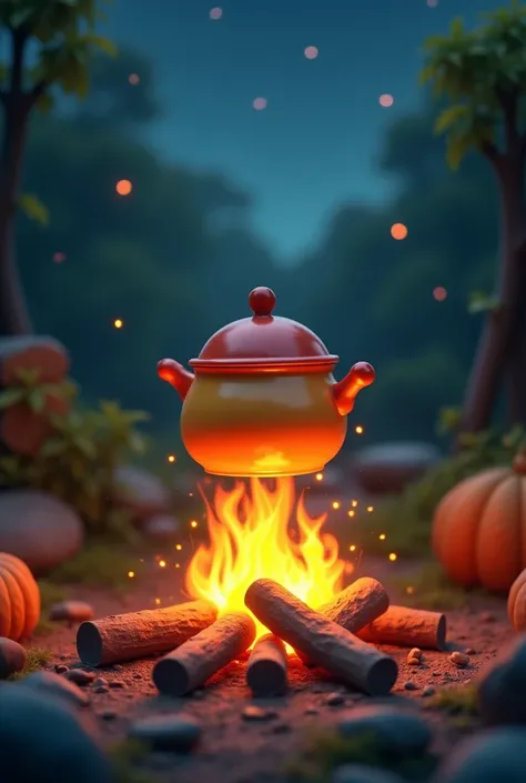 A campfire and a pot on top with a toy-like appearance made of plastic material