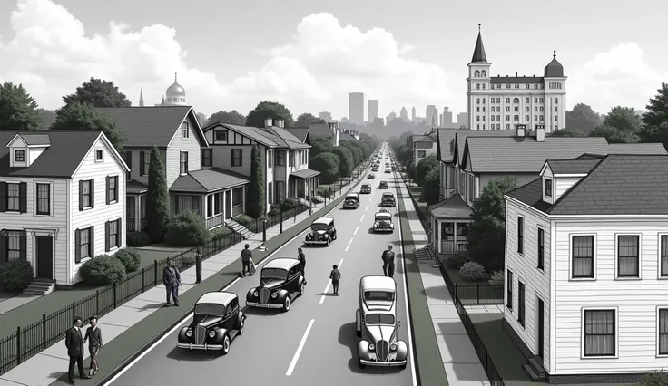 {"A split-screen illustration of Atlanta in the 1930s, highlighting the stark contrast between two neighborhoods. On the left side, depict a prosperous white neighborhood with well-maintained houses, clean streets, and manicured lawns. Include details like...