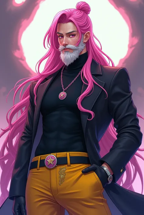 Free Fire anime character, pink guardian hair, old man&#39;s beard, black turtleneck shirt, yellow angelic pants 