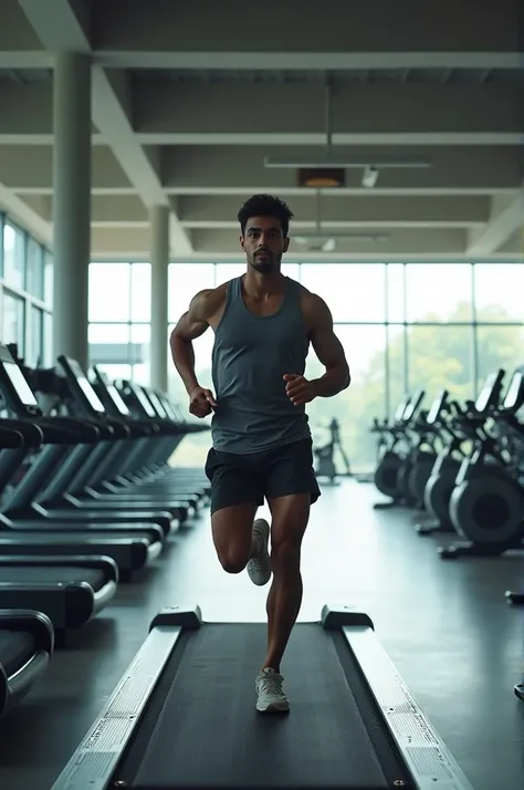 A young Bangladeshi running on a treadmill at a very large gym