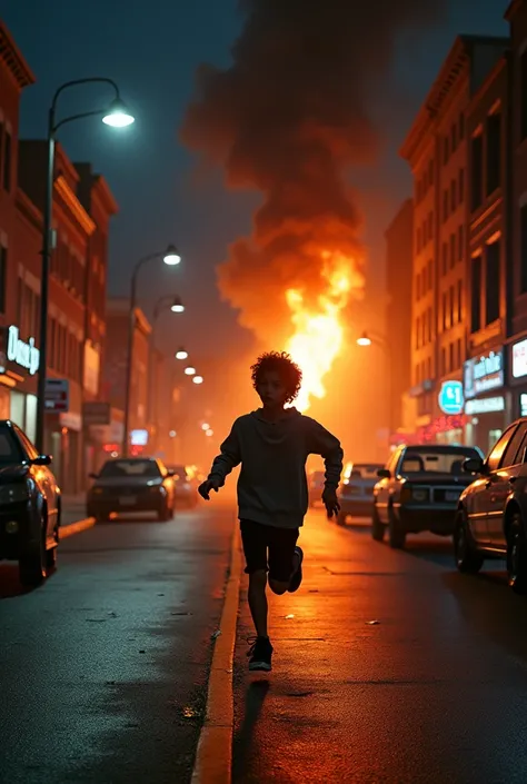 teenager running backwards on a street at night in the background a pizzeria on fire