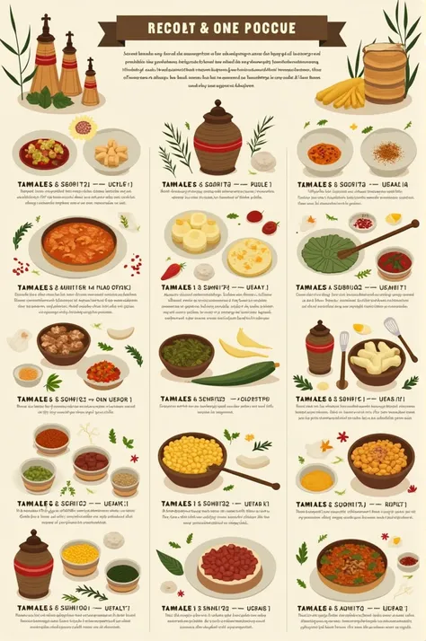 Sequential infographic about the tamale ingredients and preparation and from Huila, Tamauliense And what could you create several examples