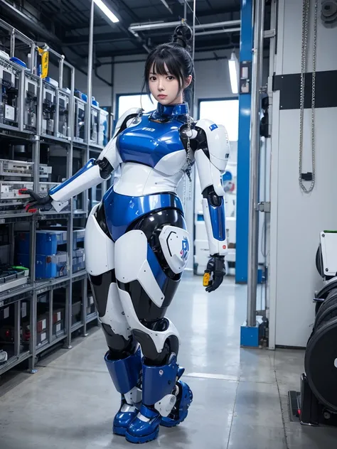 Japanese female android,Black Hair,A factory surrounded by machines,Chains fastening the whole body to a pole,Plump,A little thick,White and blue robot suit,Robotic arms and legs,Wearing long boots,