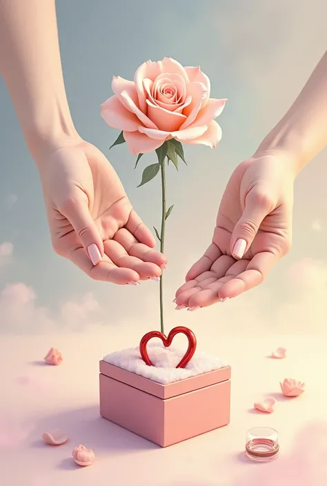 woman&#39;s hands without holding anything but pretending to hold something painted pink with a square jewelry box with a pale pink eternal rose resting on the rose a red heart-shaped ring with a transparent glass lid all together what I described except t...