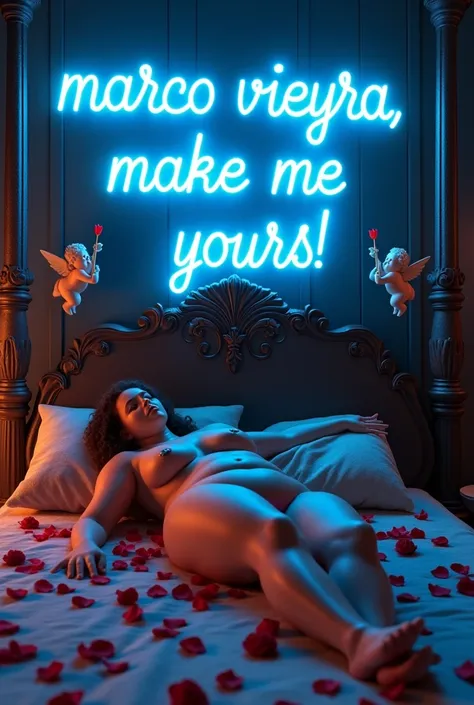 (photorealism:1.2), big blue neon sign that says "Marco Vieyra, make me yours!" and on a hotel room and bellow it a huge medieval bed and on it a very chubby lady, with milky white skin, small weist, big boobs and ass, opened legs showing her vagina, naked...