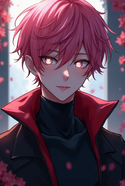 Man with pink and red hair and black clothes, handsome face, white eyes, highly detailed young anime, 4K walpaper manga, anime boy, detailed anime character art.