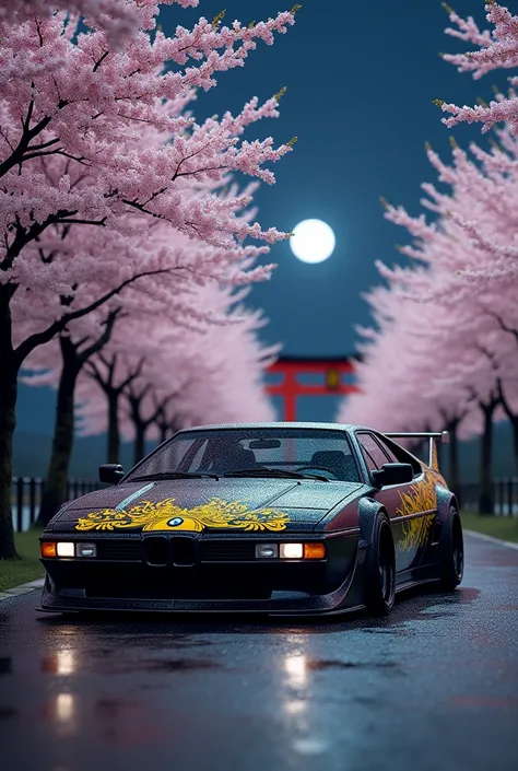 BMW M1 JDM style modified, close to the ground, black color and 1990 model, under the sakura trees in Japan, at night, the tree has shed its leaves, there is a torii gate at the back, a full moon at the back, a yellow dragon coating, anime style pop up hea...