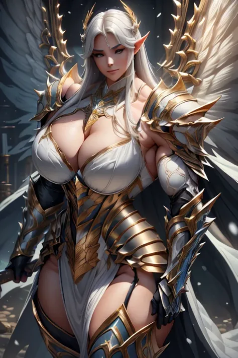 ((Massive beautiful, buff, light brown skinned muscular paladin woman with white hair, giant angel wings, black lipstick, ginormous bulky muscles, carrying a giant sword and wearing angel white paladin knight armored with a long tiered skirt)), ((close-up)...