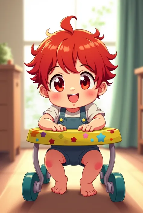 red hair, red eyes, baby, sitting in walker, anime, boy 