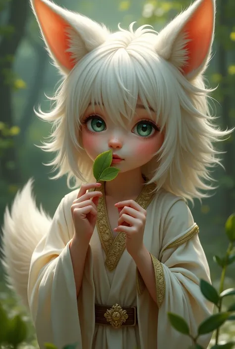 Girl with tail and wolf ears removing a leaf from her nose , with a robe