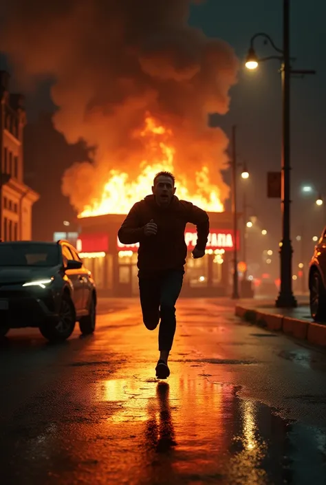 Man running on a street at night in the background a pizzeria on fire