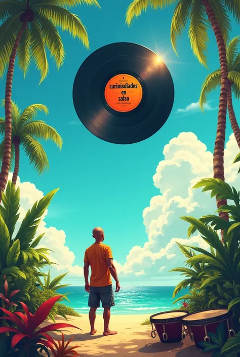 Create an image of a tropical and sunny sky and in it there is an LP record with some letters in the center that say CURIOSIDADES EN SALSA in Colombian Spanish that is well understood and on the floor a bald man with some Puerto Rican congas looking at the...