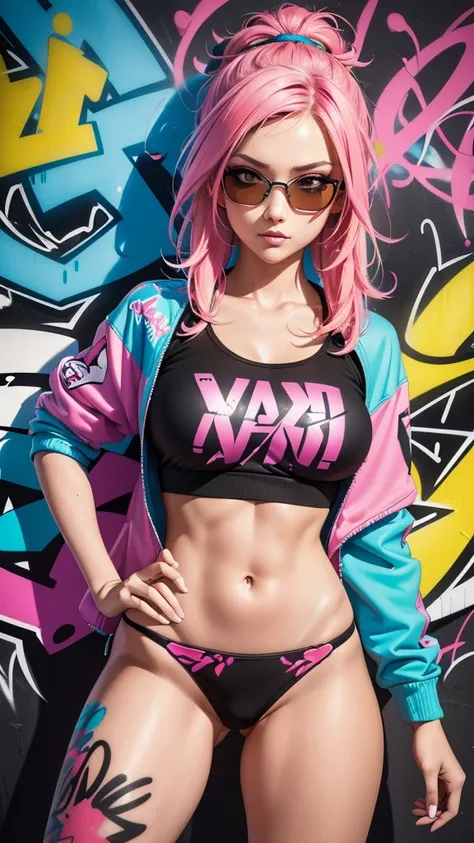 best quality), (high detail), (bright colors), (graffiti style), (free style), (Close up), (1girl), sexy female graffiti artist, spraying graffiti on a wall painted with street art, HDR, 4K, 3D, graffiti art style. in thong panties, oculos rosa, 
