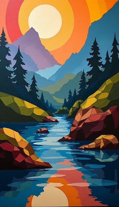 Beautiful natural landscapes painted in a cubist style. The landscapes emphasize geometric shapes and angles and are composed with vibrant colors."
