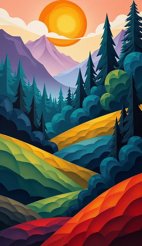 Beautiful natural landscapes painted in a cubist style. The landscapes emphasize geometric shapes and angles and are composed with vibrant colors."
