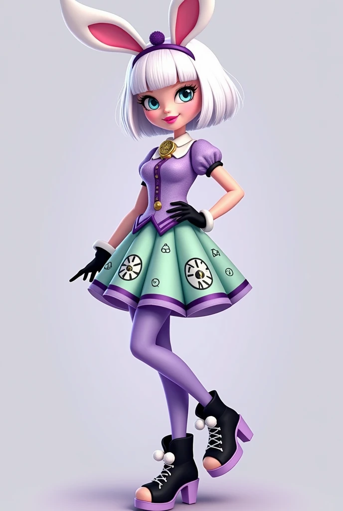 Imagem da filha da Kitty Cheshire e da Bunny Blanc de Ever After High: Must have short, shoulder-length white hair with bangs, Bunny ear headband with gold watch, Pink skin, light blue eyes with cat pupils, light pink lipstick, lilac top dress with white c...